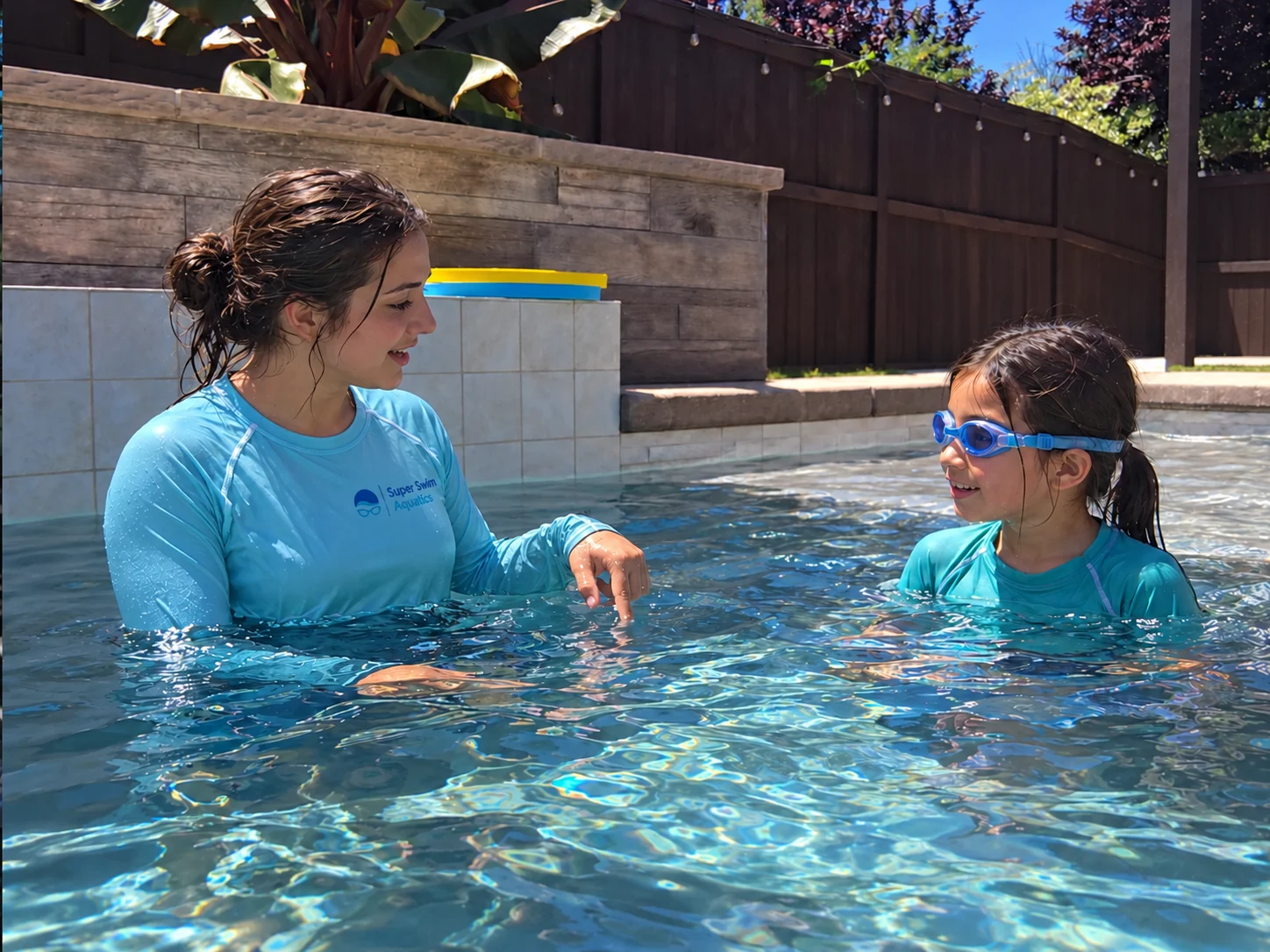 A fictional female instructor in an aqua Super Swim shirt encourages a smiling child in the pool.