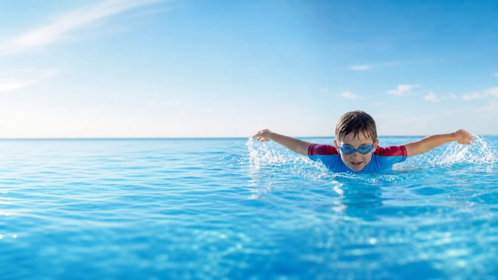 A young swimmer with blue goggles spreads their arms like a superhero above the water.