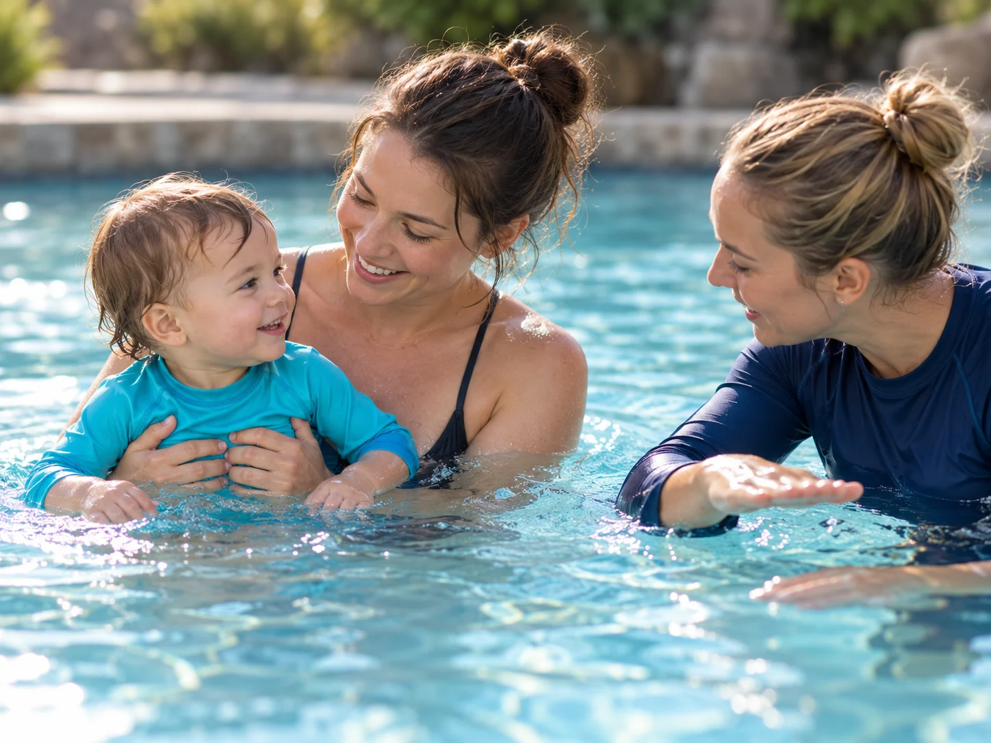 Illustrative scene of a caregiver supporting a toddler in the water while an instructor guides them.