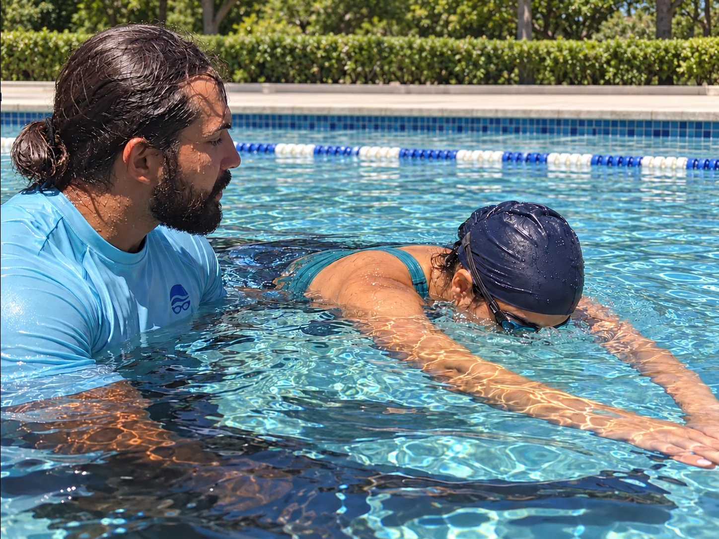 Photo illustration of Rich guiding an adult swimmer in an outdoor pool.