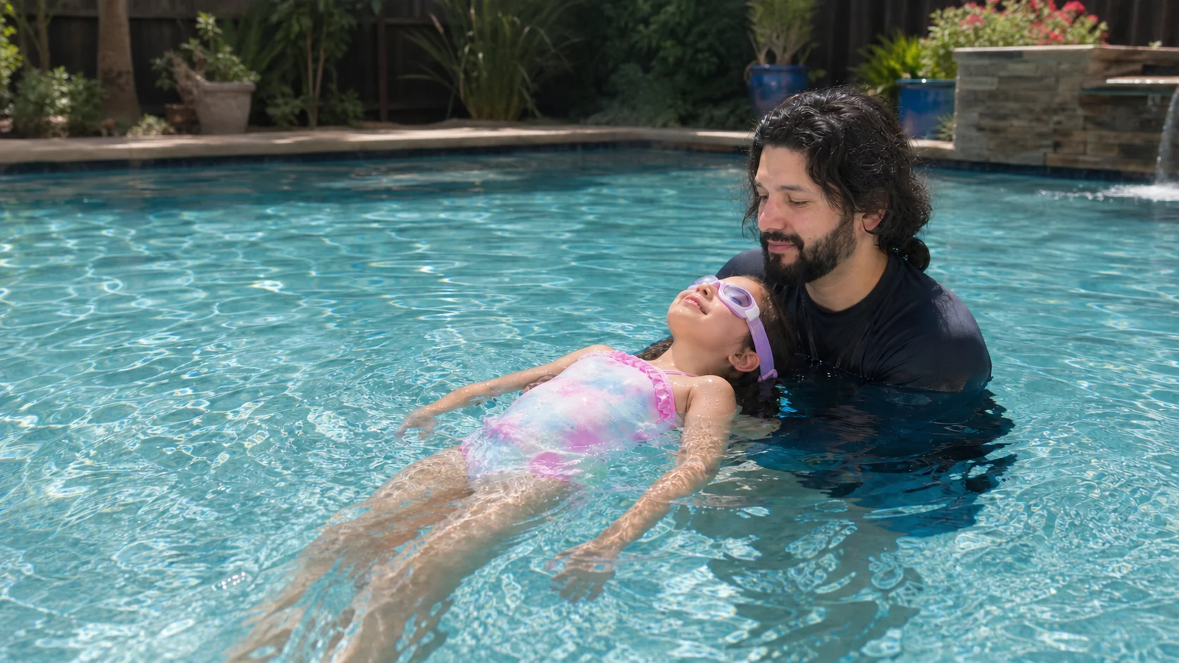 Rich smiles while supporting a child during a relaxed back-float lesson.