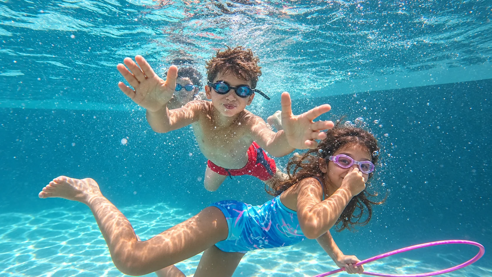Children in goggles enjoying an underwater moment with bubbles and a swimming hoop.